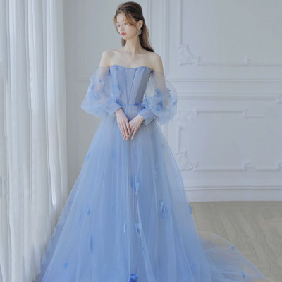 Blue tulle long sleeve prom dress a-line evening dress - Thumbnail 1