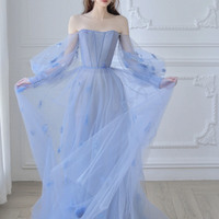 Blue tulle long sleeve prom dress A-line evening dress - Thumbnail 2