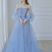 Blue tulle long sleeve prom dress A-line evening dress - Thumbnail 3