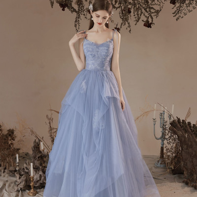 Blue tulle lace long prom dress a-line evening dress - Thumbnail 2