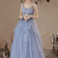 Blue tulle lace long prom dress A-line evening dress - Thumbnail 2