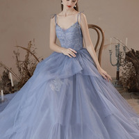 Blue tulle lace long prom dress A-line evening dress - Thumbnail 3