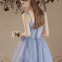 Blue tulle lace long prom dress A-line evening dress - Thumbnail 4