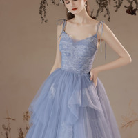 Blue tulle lace long prom dress A-line evening dress - Thumbnail 5