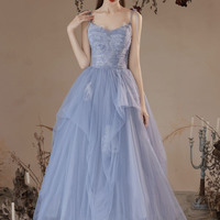 Blue tulle lace long prom dress A-line evening dress - Thumbnail 6