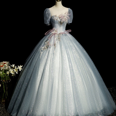 Blue tulle long a-line ball gown formal gown - Thumbnail 2