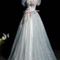 Blue tulle long A-line ball gown formal gown - Thumbnail 5