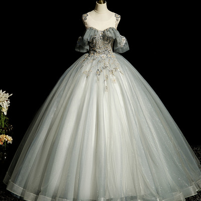 A-line tulle sequins long prom dress formal dress - Thumbnail 1