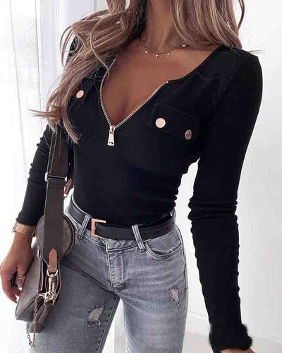 Fashion Temperament Knitting Long Sleeve Zipper T-Shirt