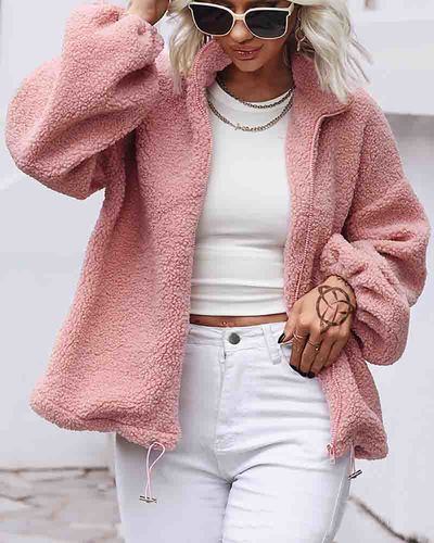 Pink Long Sleeve Zipper Cardigan Coat