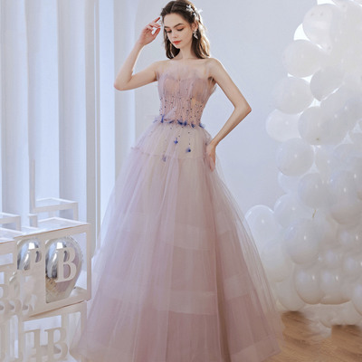 Pink tulle long prom dress with beading - Thumbnail 1