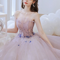 Pink Tulle Long Prom Dress with Beading - Thumbnail 4