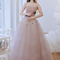Pink Tulle Long Prom Dress with Beading - Thumbnail 1