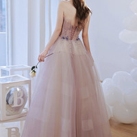 Pink Tulle Long Prom Dress with Beading - Thumbnail 2