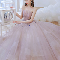 Pink Tulle Long Prom Dress with Beading - Thumbnail 3