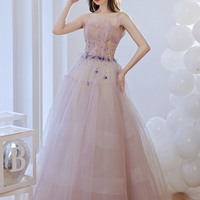 Pink Tulle Long Prom Dress with Beading - Thumbnail 5