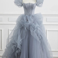 Gray tulle long prom dress A-line evening dress - Thumbnail 1