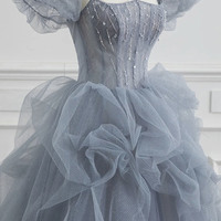 Gray tulle long prom dress A-line evening dress - Thumbnail 2