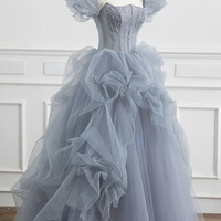 Gray tulle long prom dress A-line evening dress - Thumbnail 4