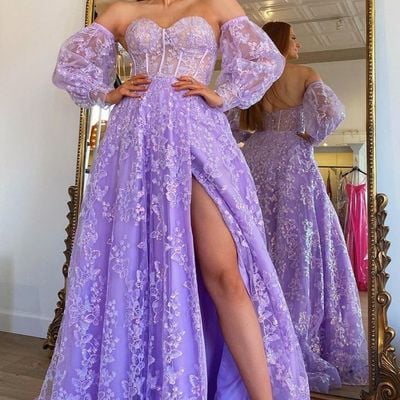 Sp1022,sparkle princess lavender bustier puffy sleeves lace long prom gown