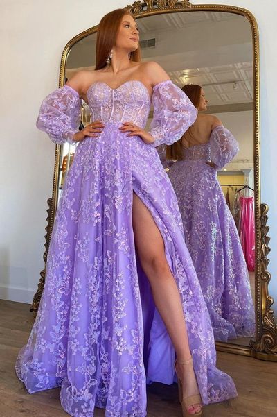 SP1022,Sparkle Princess Lavender Bustier Puffy Sleeves Lace Long Prom Gown