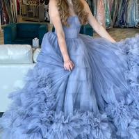 SP1023,Princess Tiered Blue Strapless Ball Gown,Long Prom Evening Dresses - Thumbnail 1