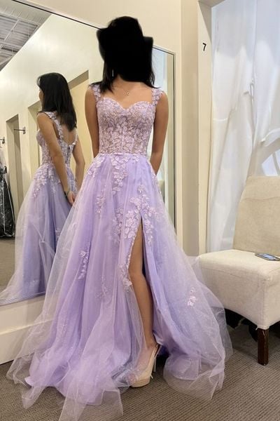 SP1018,Lavender A-line Floral Lace Tulle Prom Dresses,Long Evening Gown