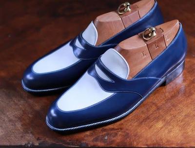 Unique Men's Hand Stitch Blue White Moccasin On Loafer Shoes, Leather Wedding Shoes
