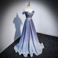 Blue V-neck off shoulder prom dress A-line evening dress - Thumbnail 1