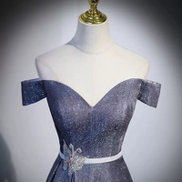 Blue V-neck off shoulder prom dress A-line evening dress - Thumbnail 2