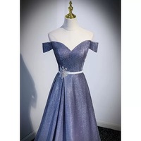 Blue V-neck off shoulder prom dress A-line evening dress - Thumbnail 3