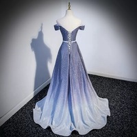 Blue V-neck off shoulder prom dress A-line evening dress - Thumbnail 4