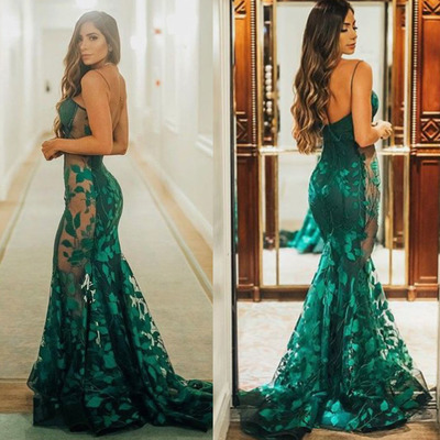 Green prom dresses with lace spaghetti straps - Thumbnail 2