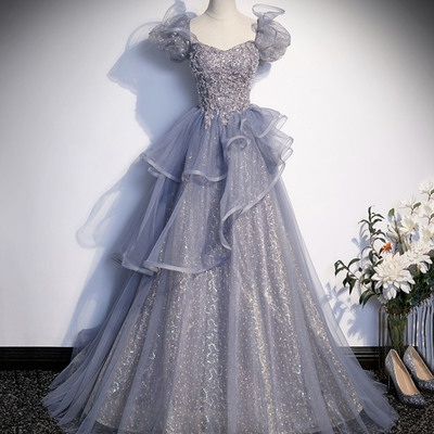 Grey tulle sequins long ball gown a-line evening gown - Thumbnail 1