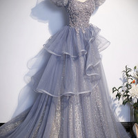 Grey tulle sequins long ball gown A-line evening gown - Thumbnail 1