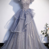 Grey tulle sequins long ball gown A-line evening gown - Thumbnail 4