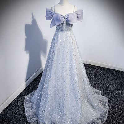 Shiny tulle sequins long prom dress evening dress - Thumbnail 1