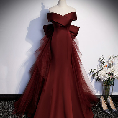 Burgundy satin tulle long prom dress evening dress - Thumbnail 1