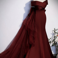 Burgundy satin tulle long prom dress evening dress - Thumbnail 1