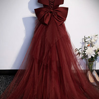 Burgundy satin tulle long prom dress evening dress - Thumbnail 2