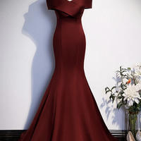 Burgundy satin tulle long prom dress evening dress - Thumbnail 3