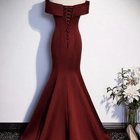 Burgundy satin tulle long prom dress evening dress - Thumbnail 4