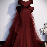 Burgundy satin tulle long prom dress evening dress - Thumbnail 5