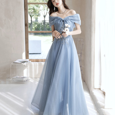 Blue tulle long prom dress off shoulder evening dress - Thumbnail 1