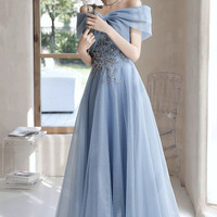 Blue tulle long prom dress off shoulder evening dress - Thumbnail 1