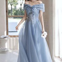 Blue tulle long prom dress off shoulder evening dress - Thumbnail 4