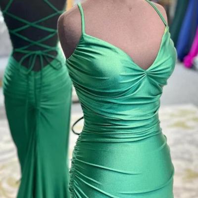 Elegant spaghetti straps green long backless prom dresses - Thumbnail 3