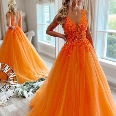 A-line princess orange floral lace appliues long prom dress - Thumbnail 3