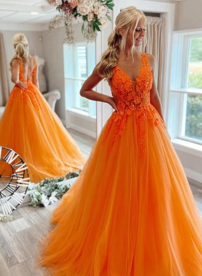 A-line Princess Orange Floral Lace Appliues Long Prom Dress