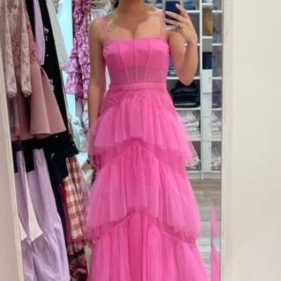 Hot pink a line tulle tiered long prom dress - Thumbnail 4